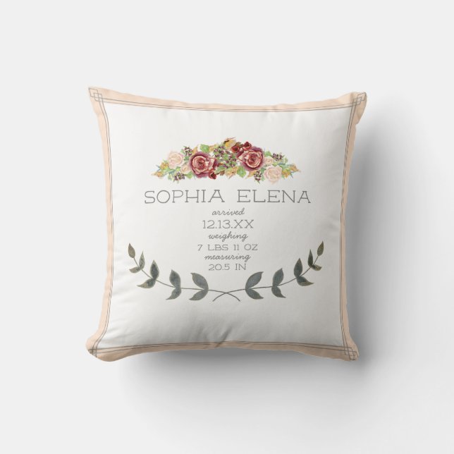 BOHO Modern Rose Floral Laurel Leaf Birth Stat Cushion (Front)