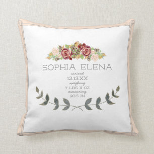 BOHO Modern Rose Floral Laurel Leaf Birth Stat Cushion