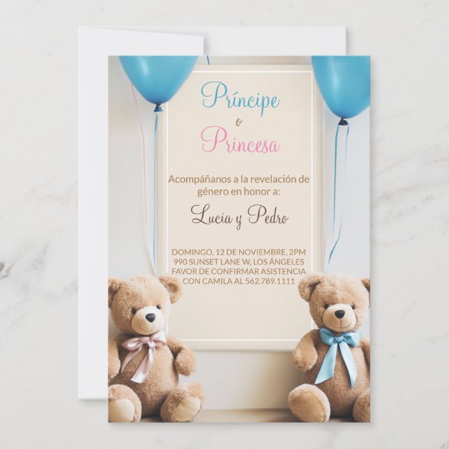 Boho Modern Teddy Bear Spanish Gender Reveal  Invitation (Front)