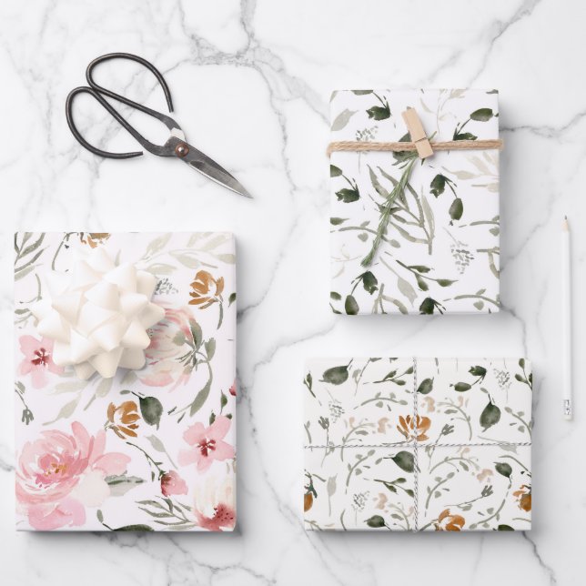 Boho modern watercolor floral wrapping paper sheet (Front)