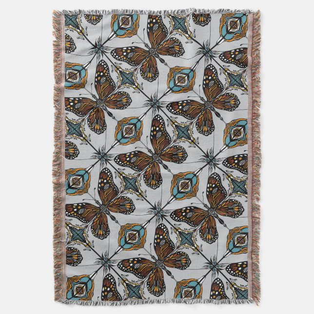 Boho Monarch Butterfly Inspired Diagonal Tile Throw Blanket (Front Vertical)