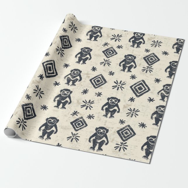 Boho Monkey Jungle Safari Pattern (2) Wrapping Paper (Unrolled)
