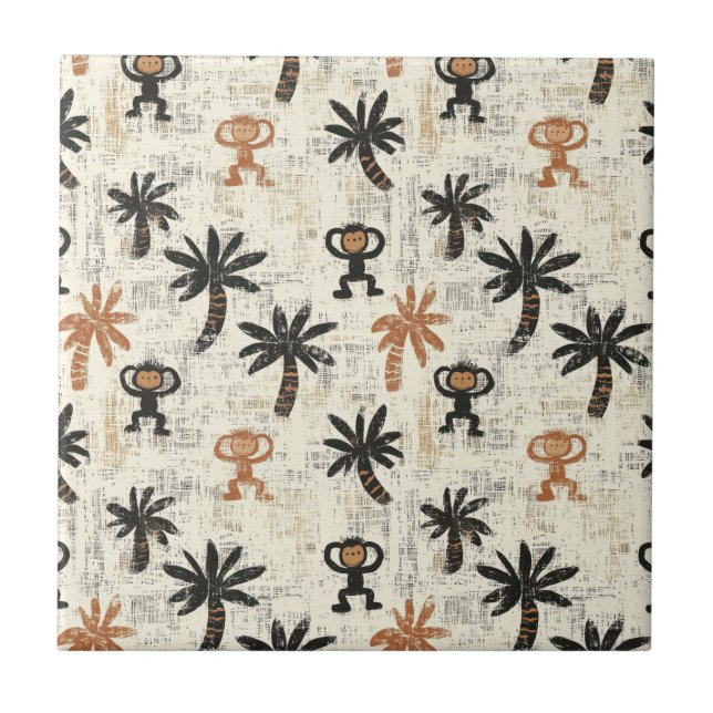 Boho Monkey Jungle Safari Pattern Ceramic Tile (Front)