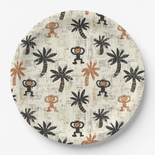 Boho Monkey Jungle Safari Pattern Paper Plate (Front)