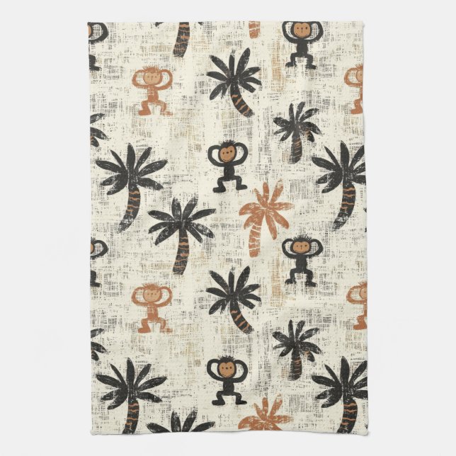 Boho Monkey Jungle Safari Pattern Tea Towel (Vertical)