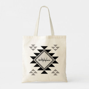 Boho Monogram Name Black Grey Geometric Tote Bag