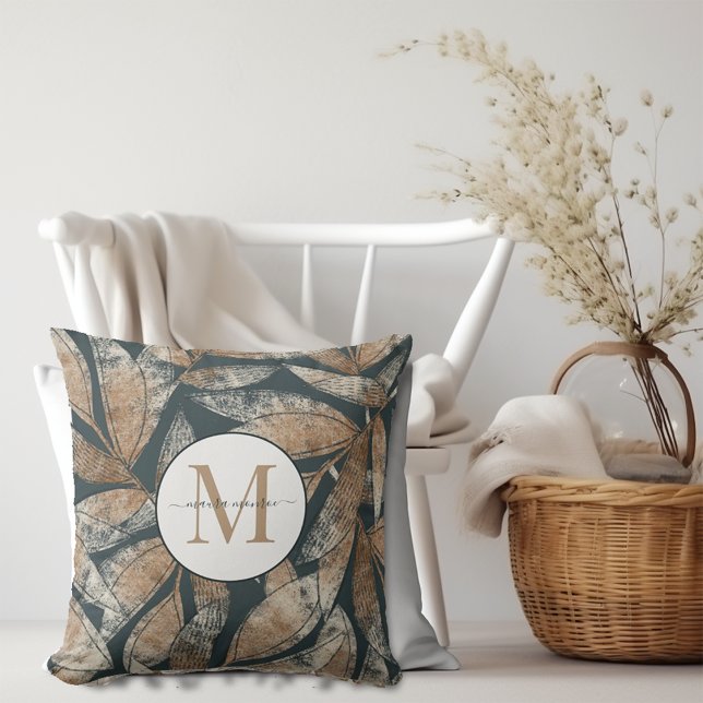 Boho Monogrammed Charcoal Grey Brown Leaf Pattern Cushion (Creator Uploaded)