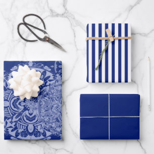 Boho Moody Blues Mandalas, Stripes, and Solid Wrapping Paper Sheet