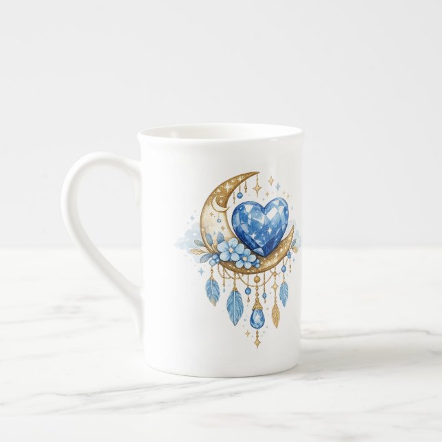Boho Moon and Crystal Heart Coffee Mug – Whimsical (Left)