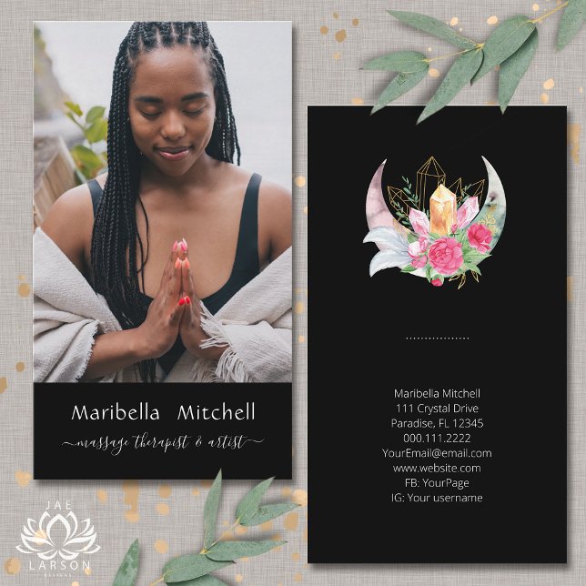 Boho Moon Crystals Feathers Flower Vertical Photo  Business Card (Creator Uploaded)
