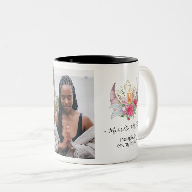 Boho Moon Crystals Feathers Flowers Feathers Photo Two-Tone Coffee Mug (Front Right)