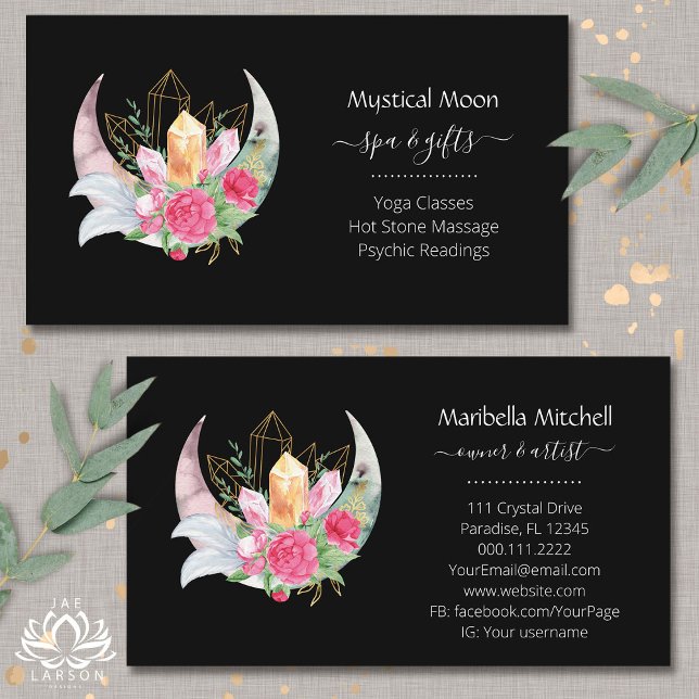 Boho Moon Crystals Feathers Flowers Horizontal Business Card (Creator Uploaded)