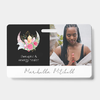 Boho Moon Crystals Feathers Flowes Therapist ID Badge