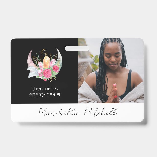 Boho Moon Crystals Feathers Flowes Therapist ID Badge (Front)