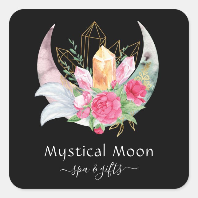 Boho Moon Crystals Feathers Pink Flowers Esoteric Square Sticker (Front)
