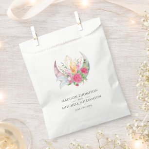 Boho Moon Crystals Feathers Pink Flowers Wedding Favour Bag
