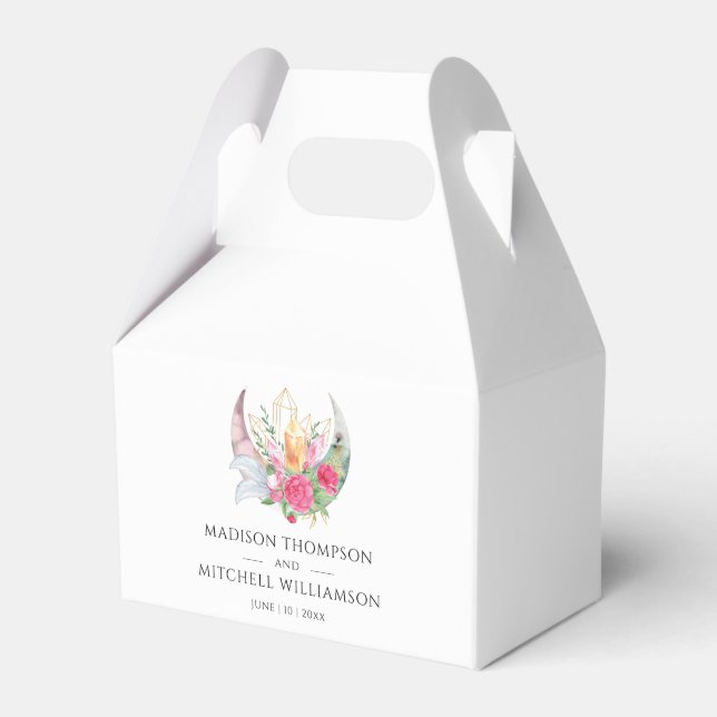 Boho Moon Crystals Feathers Pink Flowers Wedding  Favour Box (Front Side)