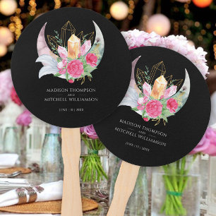 Boho Moon Crystals Feathers Pink Flowers Wedding Hand Fan