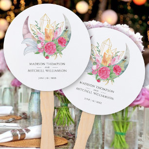 Boho Moon Crystals Feathers Pink Flowers Wedding  Hand Fan