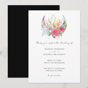 Boho Moon Crystals Feathers Pink Flowers Wedding Invitation