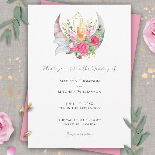 Boho Moon Crystals Feathers Pink Flowers Wedding Invitation