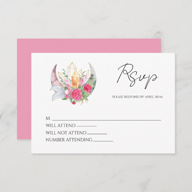 Boho Moon Crystals Feathers Pink Flowers Wedding  RSVP Card (Front/Back)