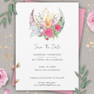 Boho Moon Crystals Feathers Pink Flowers Wedding Save The Date