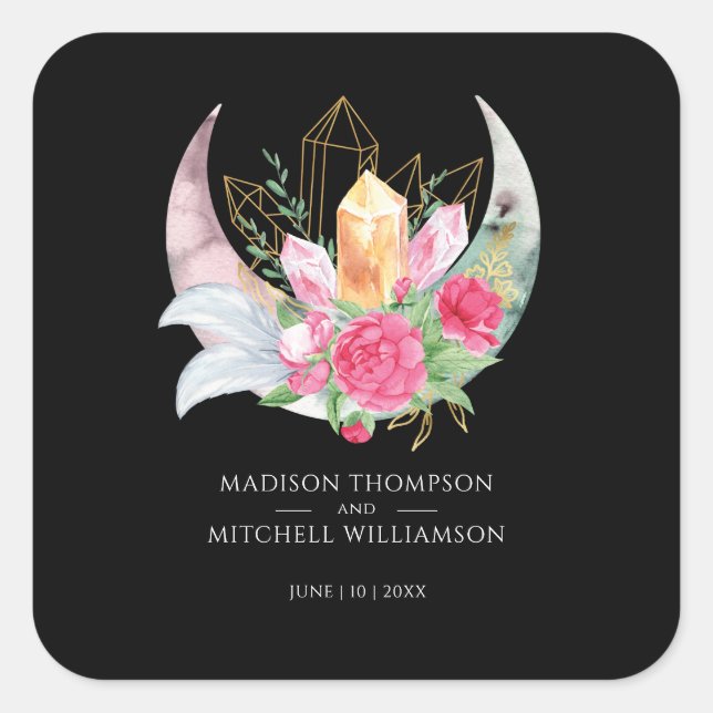 Boho Moon Crystals Feathers Pink Flowers Wedding  Square Sticker (Front)