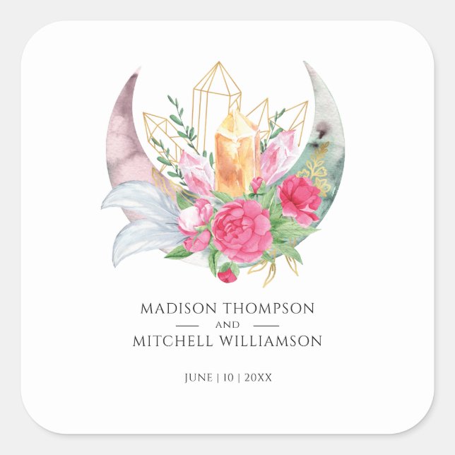 Boho Moon Crystals Feathers Pink Flowers Wedding  Square Sticker (Front)