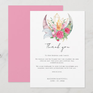 Boho Moon Crystals Feathers Pink Flowers Wedding Thank You Card