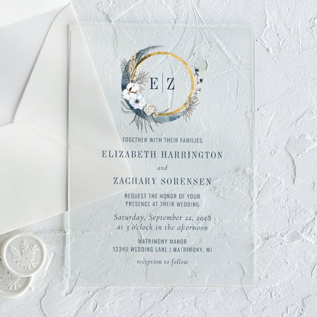 Boho Moon Monogram Wreath Indigo Wedding Acrylic Invitations (Creator Uploaded)