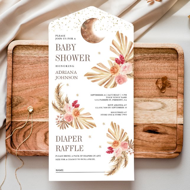 Boho Moon Palm Earthy Floral Pampas Baby Shower All In One Invitation (Creator Uploaded)