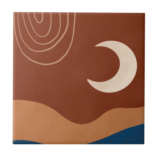 Boho Moon Rainbow Landscape Rust Tan Blue Brown Ceramic Tile (Front)