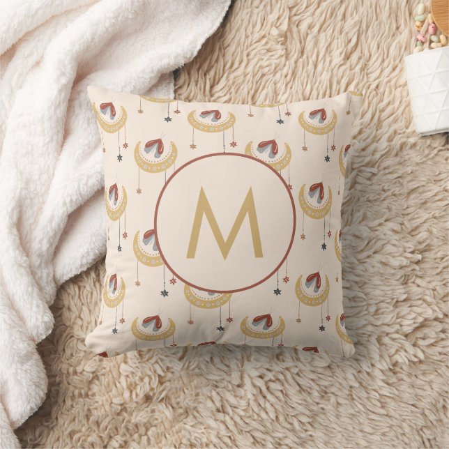Boho Moon Stars Butterfly Pattern Monogram  Cushion (Blanket)