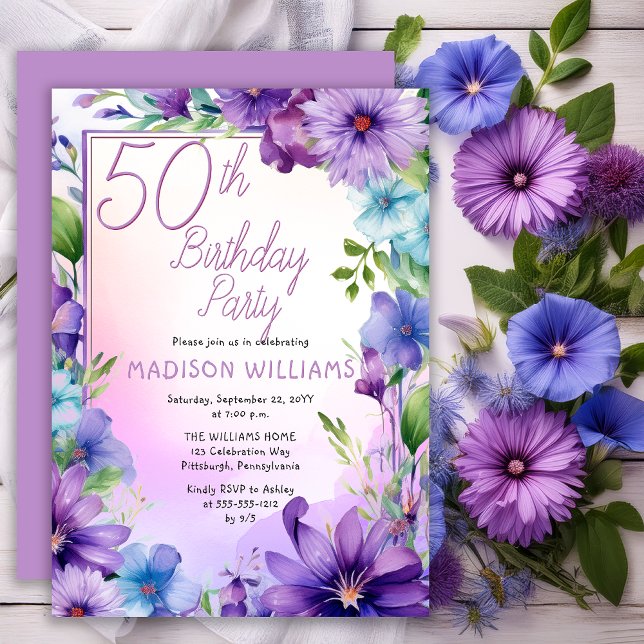 Boho Morning Glories Floral 50th Birthday Party Invitation (Elegant Boho Aster | Morning Glories Floral 50th Birthday Party Invitation Print | Digital Download)