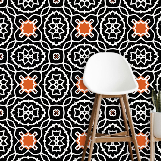 Boho Moroccan Black White Orange Dynamic Geometric Wallpaper (Creator Uploaded)