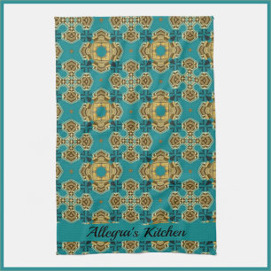 Boho Moroccan Tile Blue and Gold Tea Towel
