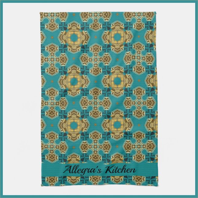 Boho Moroccan Tile Blue and Gold Tea Towel (Bookmark my store! https://www.zazzle.com/store/capricepetit)