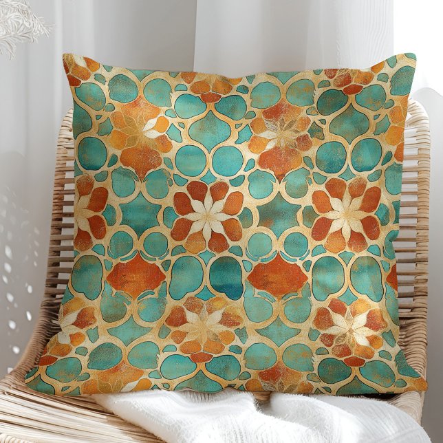Boho Moroccan Turquoise and Terracotta Floral Cushion (Boho Moroccan Turquoise and Terracotta Floral Throw Pillow in a sunny boho rattan armchair.)