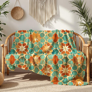 Boho Moroccan Turquoise and Terracotta Floral Fleece Blanket
