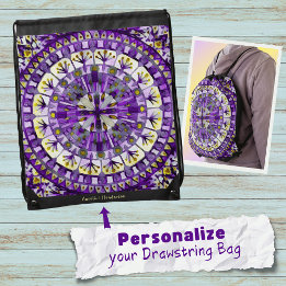 Boho Mosaic Mandala Tile Violet Flame - Drawstring Bag