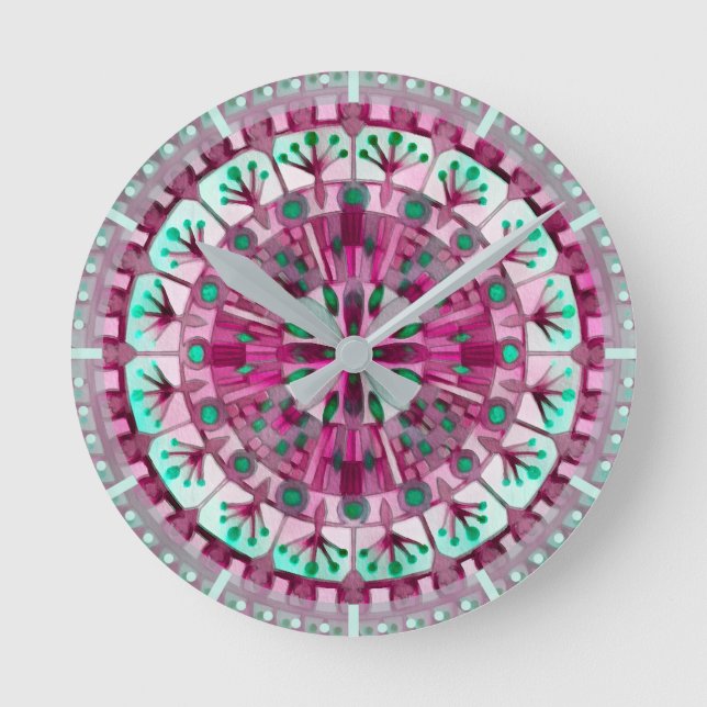 Boho Mosaic Tile Pink Berry -  Round Clock (Front)