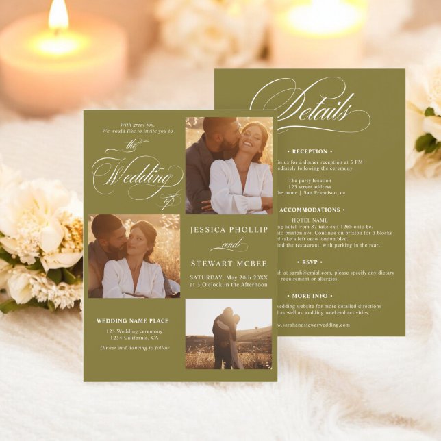 Boho mossy green all in one script photos wedding  invitation (Boho mossy green all in one script photos wedding invitation)