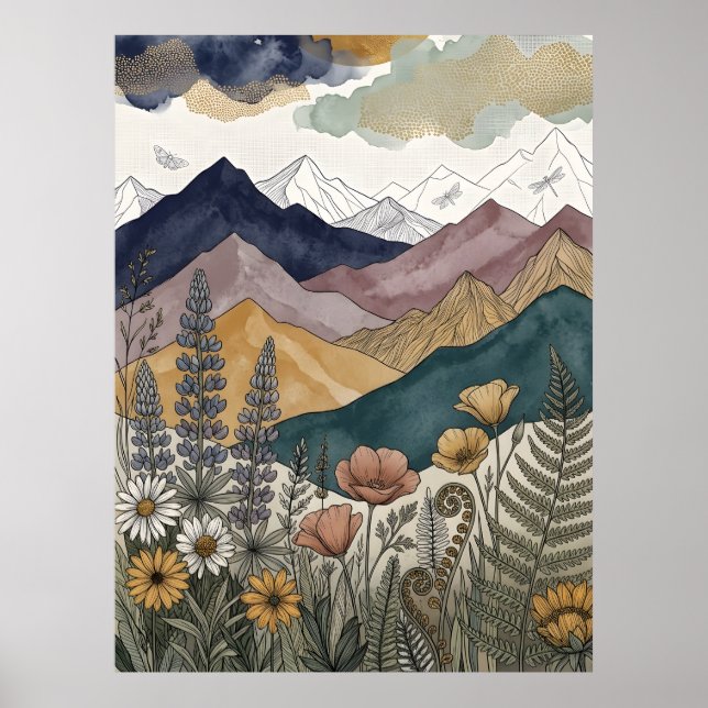 Boho Mountain Lupine Wildflower Meadow Poster (Front)