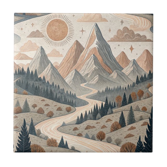 Boho Mountain River Abstract Landscape Pattern Art Ceramic Tile (Front)