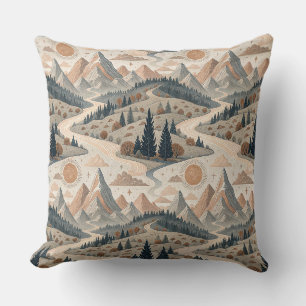 Boho Mountain River Abstract Landscape Pattern Art Cushion