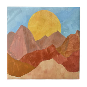 Boho Mountain Sunset – Warm Earth Tone Landscape Ceramic Tile