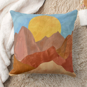 Boho Mountain Sunset – Warm Earth Tone Landscape Cushion