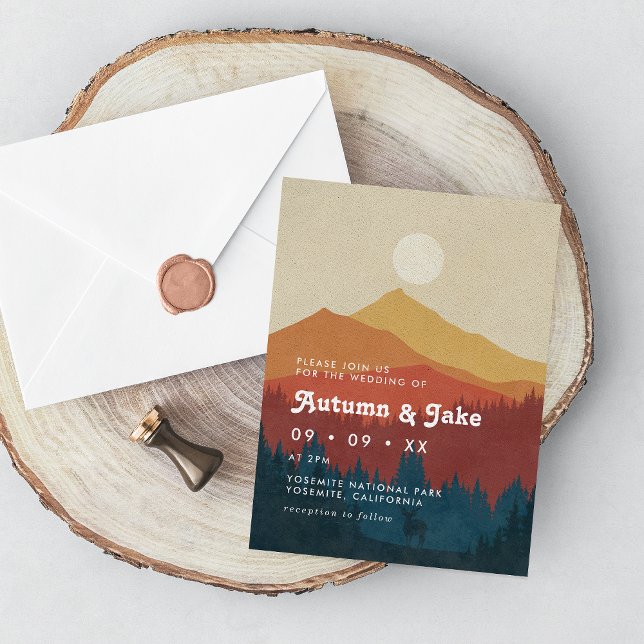Boho Mountains and Forest 1970's Retro Wedding Invitation (Creator Uploaded)