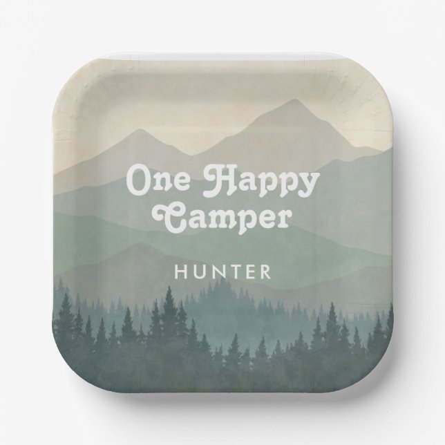 Boho Mountains One Happy Camper Boys 1st Birthday Paper Plate (Front)